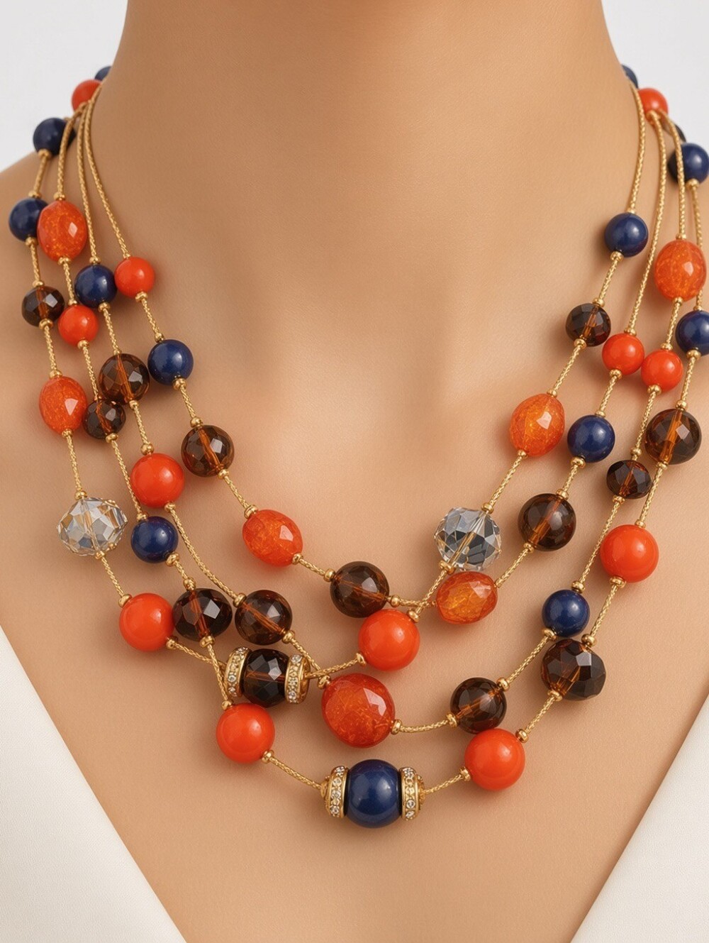 Erica Lyons Multi Strand Beaded Necklace Red Navy Gold Tone Statement Jewelry
